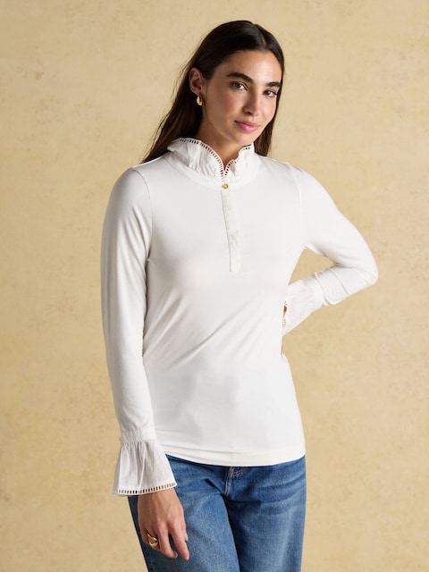 Joules Kate White Long Sleeve Frilled Neck Top