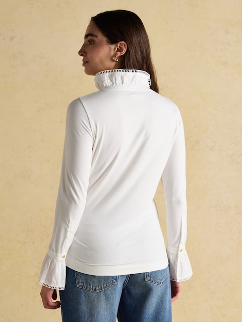 Joules Kate White Long Sleeve Frilled Neck Top
