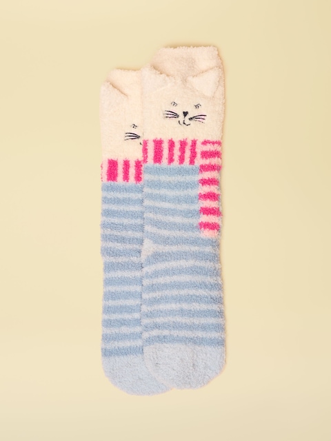 Joules Kids' Fluffy Cat Blue/Pink Character Socks