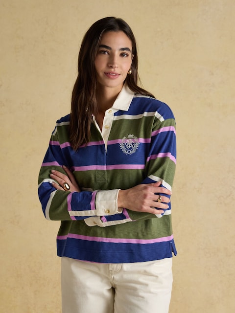 Joules Lara Blue & Green Stripe Boxy Fit Rugby Shirt