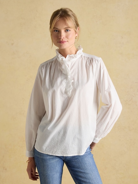 Joules Melanie White Cotton Ruffle Blouse
