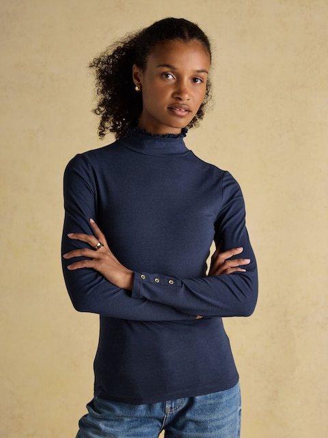 Joules Navy Long Sleeve High Frill Neck Jersey Top
