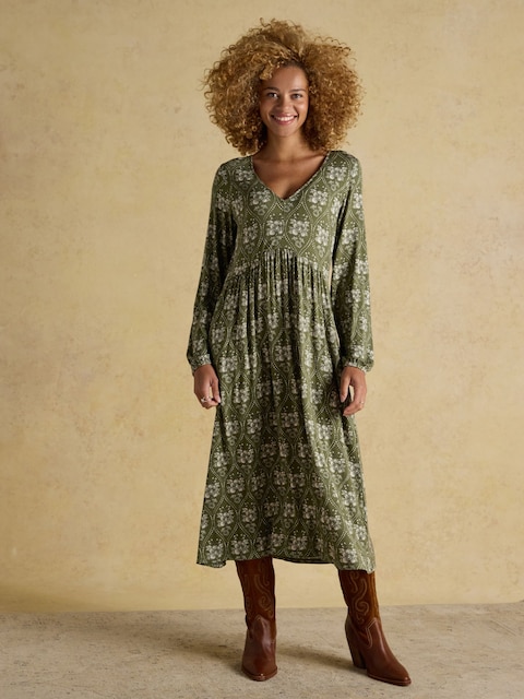 Joules Nia Green Long Sleeve V-Neck Midaxi Dress