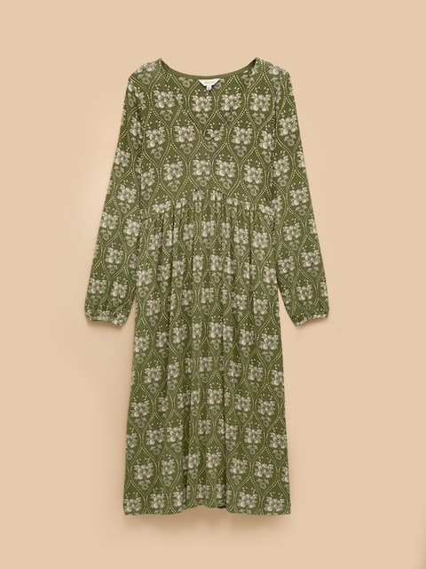 joules Nia Green Long Sleeve V-Neck Midaxi Dress