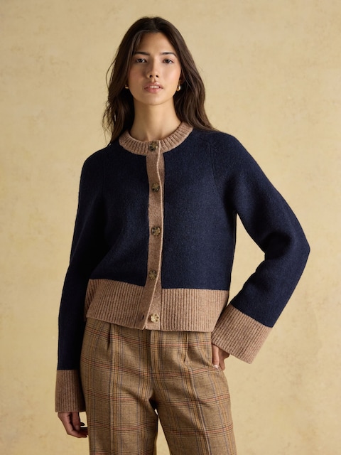 Joules Nora Navy/Tan Knitted Round Neck Cardigan