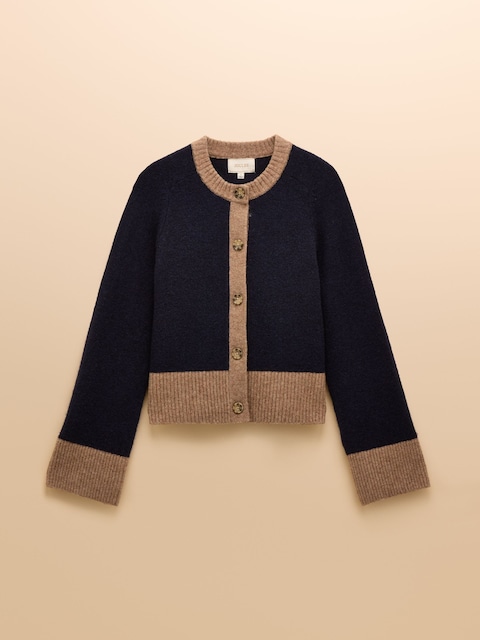 joules Nora Navy/Tan Knitted Round Neck Cardigan