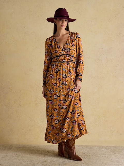 Joules Otterly Yellow Floral V-Neck Midi Dress