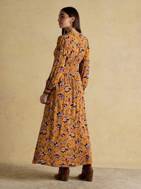 Joules Otterly Yellow Floral V-Neck Midi Dress