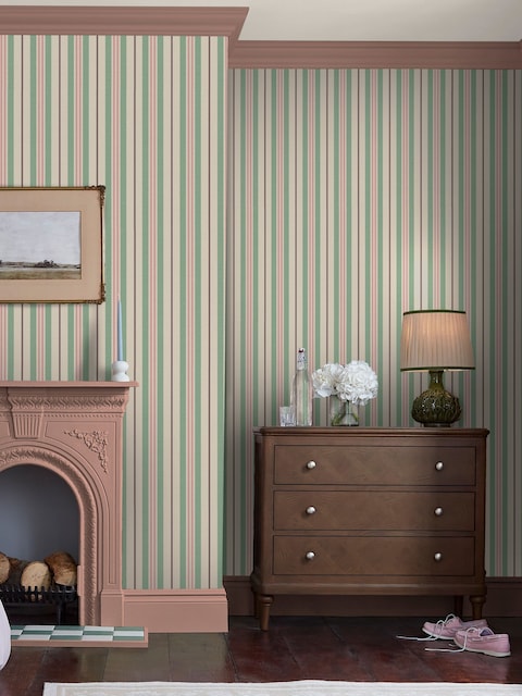 Joules Pink/Green Grove Stripe 10M Wallpaper