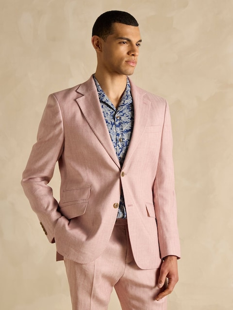Joules Pink Linen Herringbone Slim Fit Suit Jacket