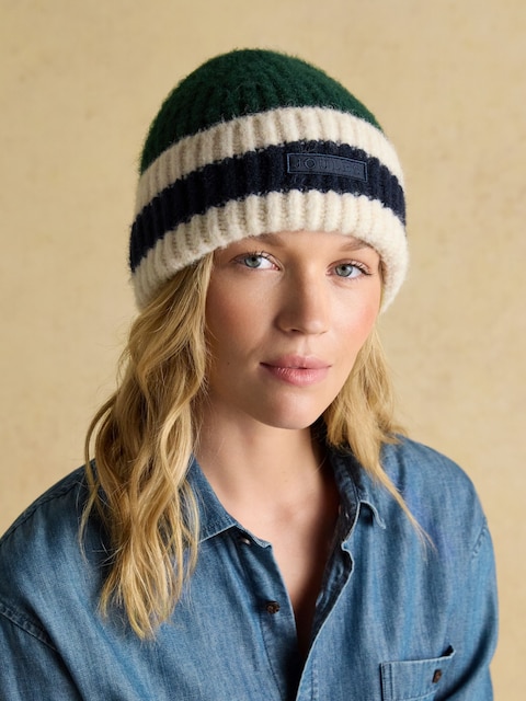 Joules Popley Green Blue Stripe Beanie