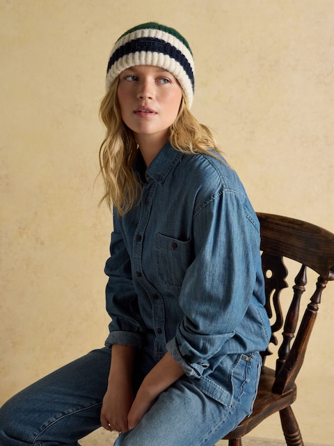 Joules Popley Green Blue Stripe Beanie