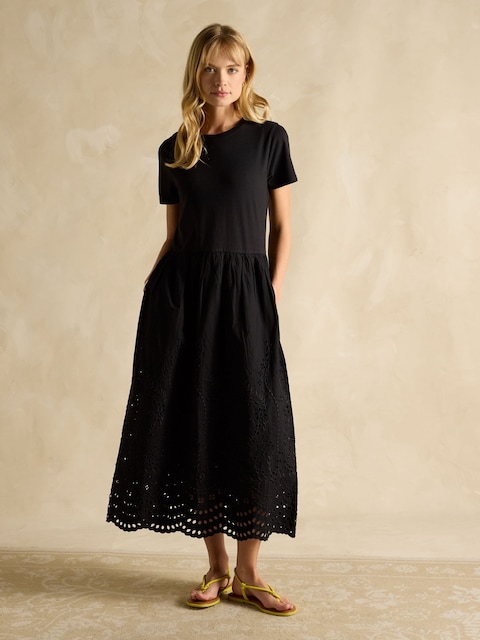 Joules Reid Black Cotton Broderie Midi Dress