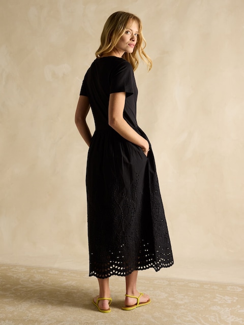 Joules Reid Black Cotton Broderie Midi Dress
