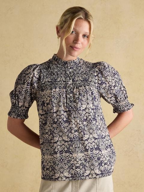 Joules Silvia Blue Frill Neck Smocked Blouse