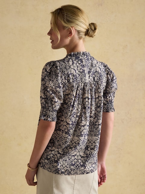 Joules Silvia Blue Frill Neck Smocked Blouse