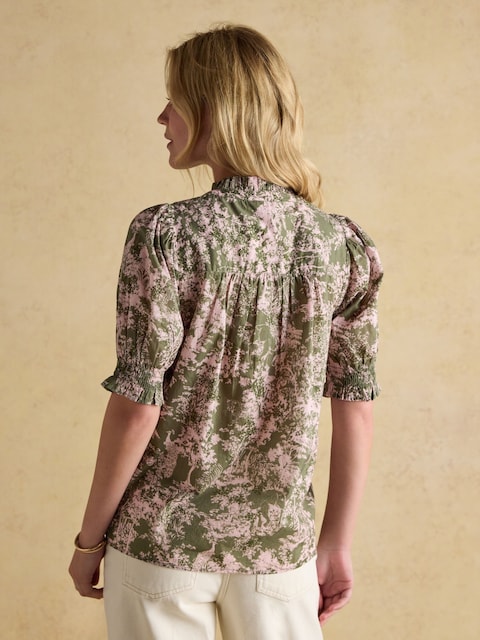 Joules Silvia Green Frill Neck Smocked Blouse