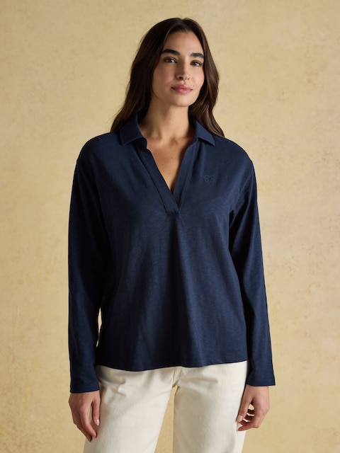 Joules Tallie Navy Combed Cotton Slub Collared Top