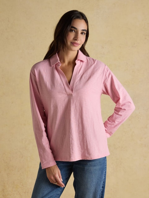 Joules Tallie Pink Combed Cotton Slub Collared Top