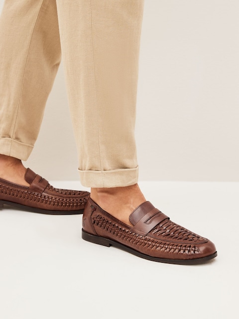Joules Tan Brown Leather Weave Loafers