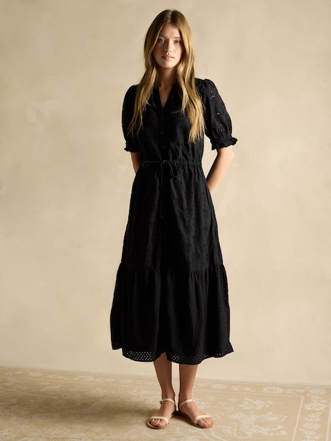 Joules Juliana 100% Cotton Black Broderie Midi Dress