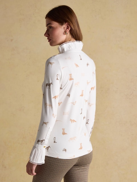 Joules Kate Cream Printed Long Sleeve Frilled Neck Top