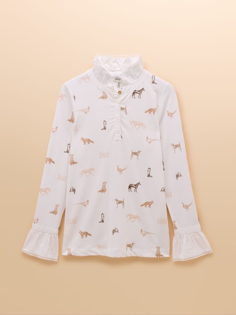 joules Kate Cream Printed Long Sleeve Frilled Neck Top