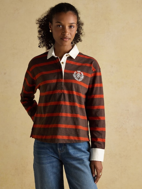 Joules Lara Burnt Orange & Brown Stripe Boxy Fit Rugby Shirt