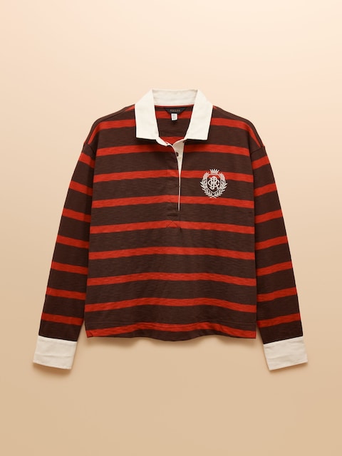 joules Lara Burnt Orange & Brown Stripe Boxy Fit Rugby Shirt
