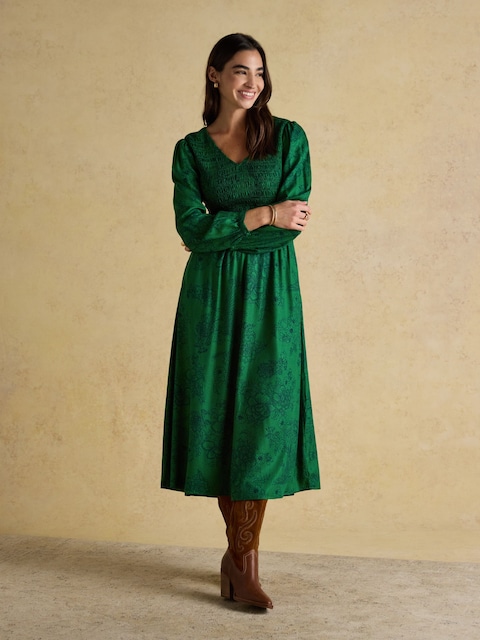 Joules Lilliana Green Shirred V-Neck Long Sleeve Midi Print Dress