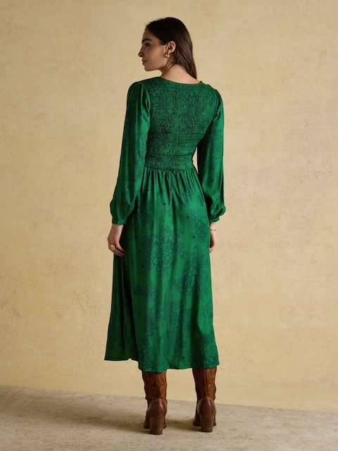 Joules Lilliana Green Shirred V-Neck Long Sleeve Midi Print Dress
