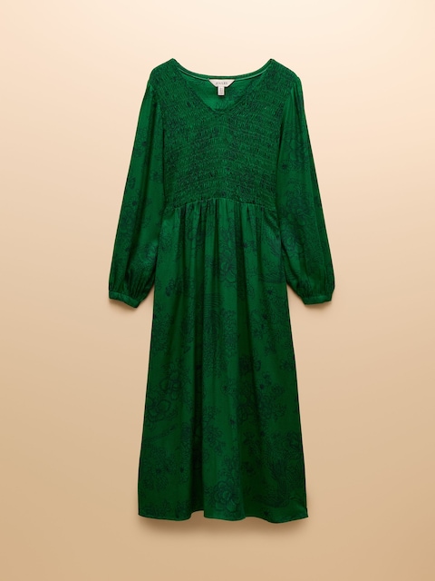 joules Lilliana Green Shirred V-Neck Long Sleeve Midi Print Dress