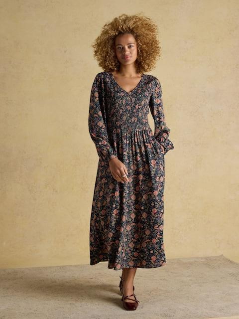 Joules Lilliana Navy Shirred V-Neck Long Sleeve Midi Print Dress