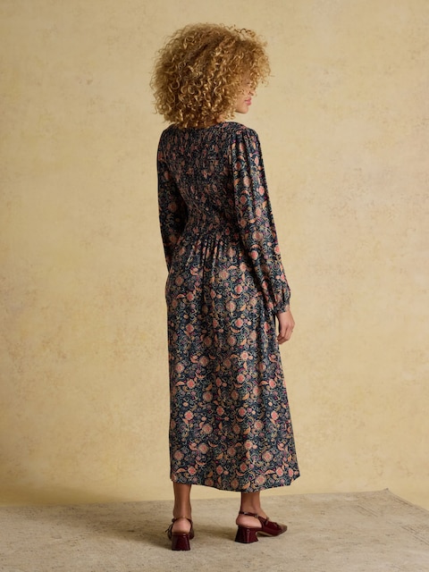 Joules Lilliana Navy Shirred V-Neck Long Sleeve Midi Print Dress