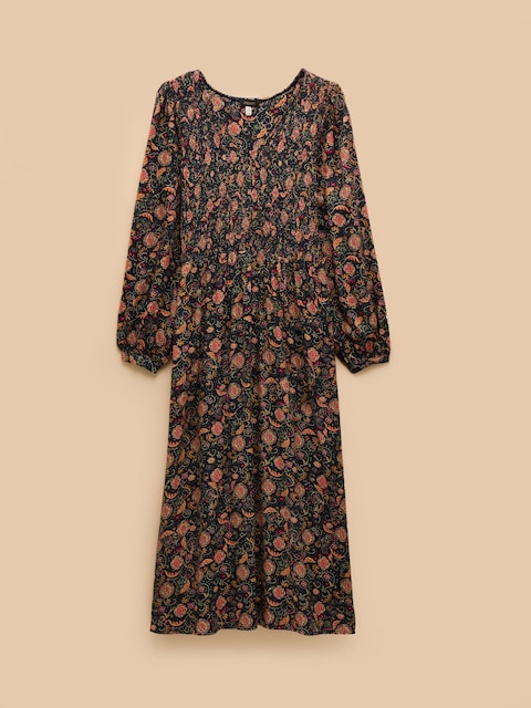 joules Lilliana Navy Shirred V-Neck Long Sleeve Midi Print Dress