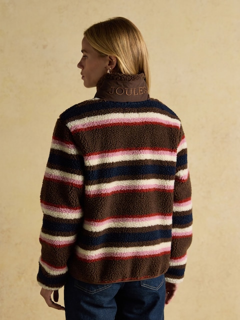 Joules Lottie Chocolate Multi Stripe Borg Fleece With Zip Fastening