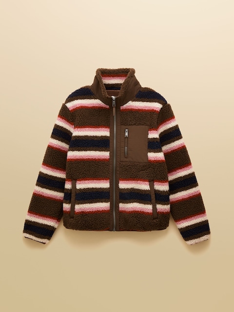 joules Lottie Chocolate Multi Stripe Borg Fleece with Zip Fastening