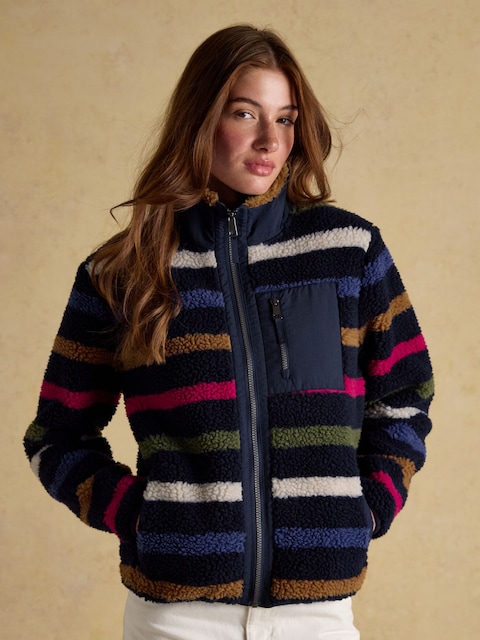 Joules Lottie Navy Multi Stripe Borg Fleece With Zip Fastening