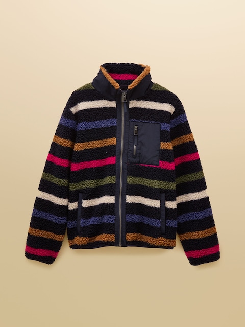 joules Lottie Navy Multi Stripe Borg Fleece with Zip Fastening