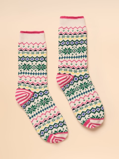 Joules Lucille White/Green Fair Isle Cotton Blend Socks