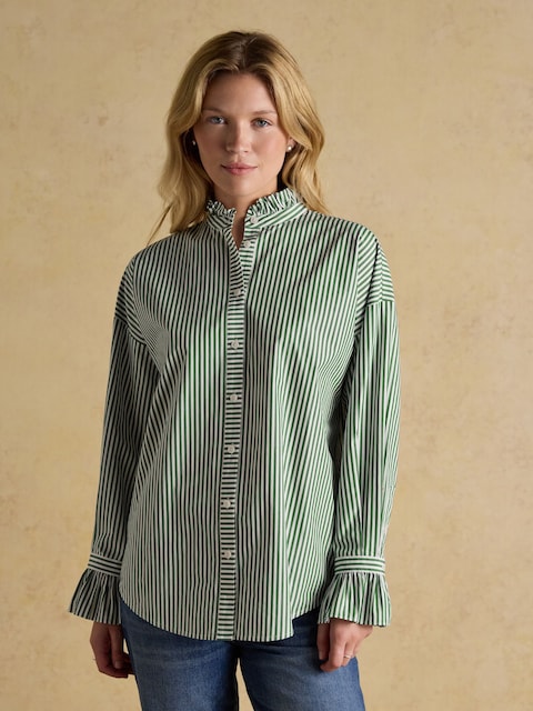 Joules Mae Green/White Oversized Frill Neck Stripe Shirt