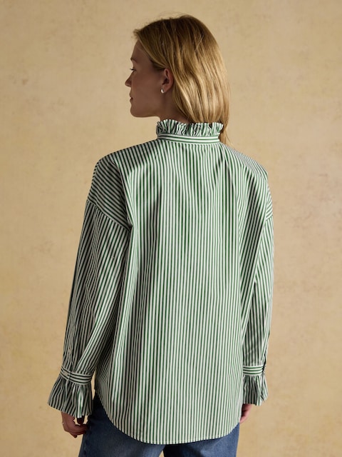 Joules Mae Green/White Oversized Frill Neck Stripe Shirt