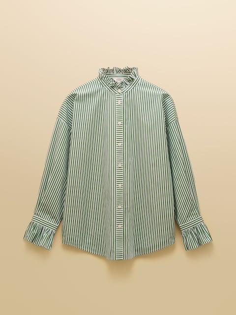 joules Mae Green/White Oversized Frill Neck Stripe Shirt