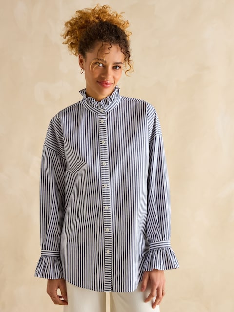 Joules Mae Navy/White Oversized Frill Neck Stripe Shirt