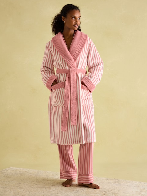 Joules Matilda Pink & White Fleece Lined Dressing Gown