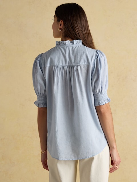 Joules Melanie Blue Short Sleeved Blouse With Frill Button Fastening