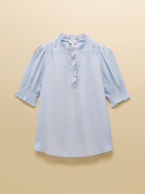 joules Melanie Blue Short Sleeved Blouse with Frill Button Fastening
