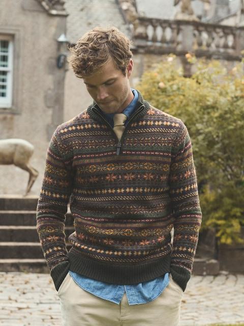 Joules Milligan Wool-Rich Green Quarter Zip Fair Isle Jumper