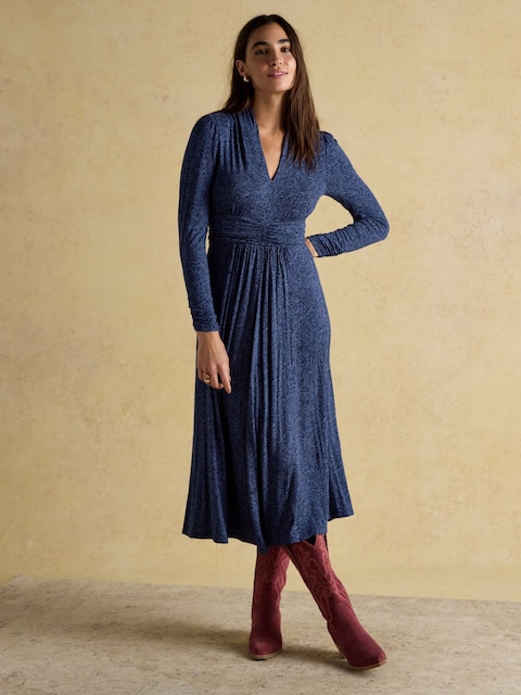 Joules Mina Blue Jersey Ruched Waist Long Sleeve V-Neck Midi Dress