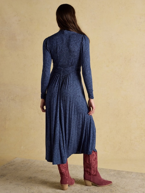 Joules Mina Blue Jersey Ruched Waist Long Sleeve V-Neck Midi Dress